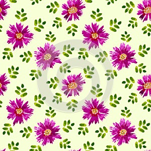 Purple daisies and leaves are rhythmically arranged against a light green background. Seamless floral watercolor background. Vecto photo